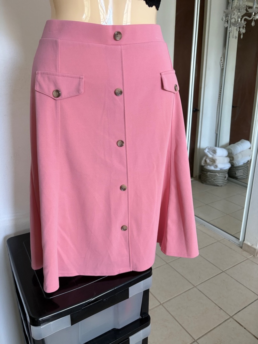 Ashley Blue Pink A-Line Button-Front Skirt with Pocket Flaps